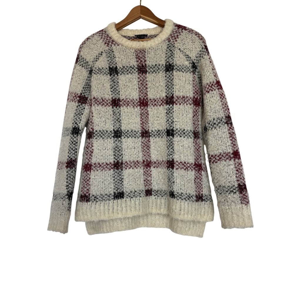 Theory Mohair Alpaca Blend Plaid Crewneck Sweater Cream Burgundy Black Small